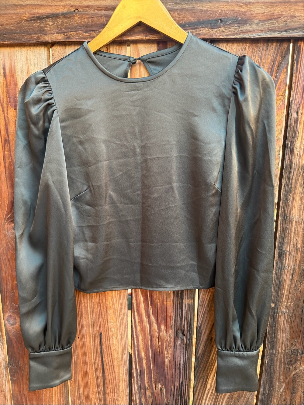 Wilfred Aritzia Satin Puff Sleeve Long Sleeve Blouse Dark Green XS